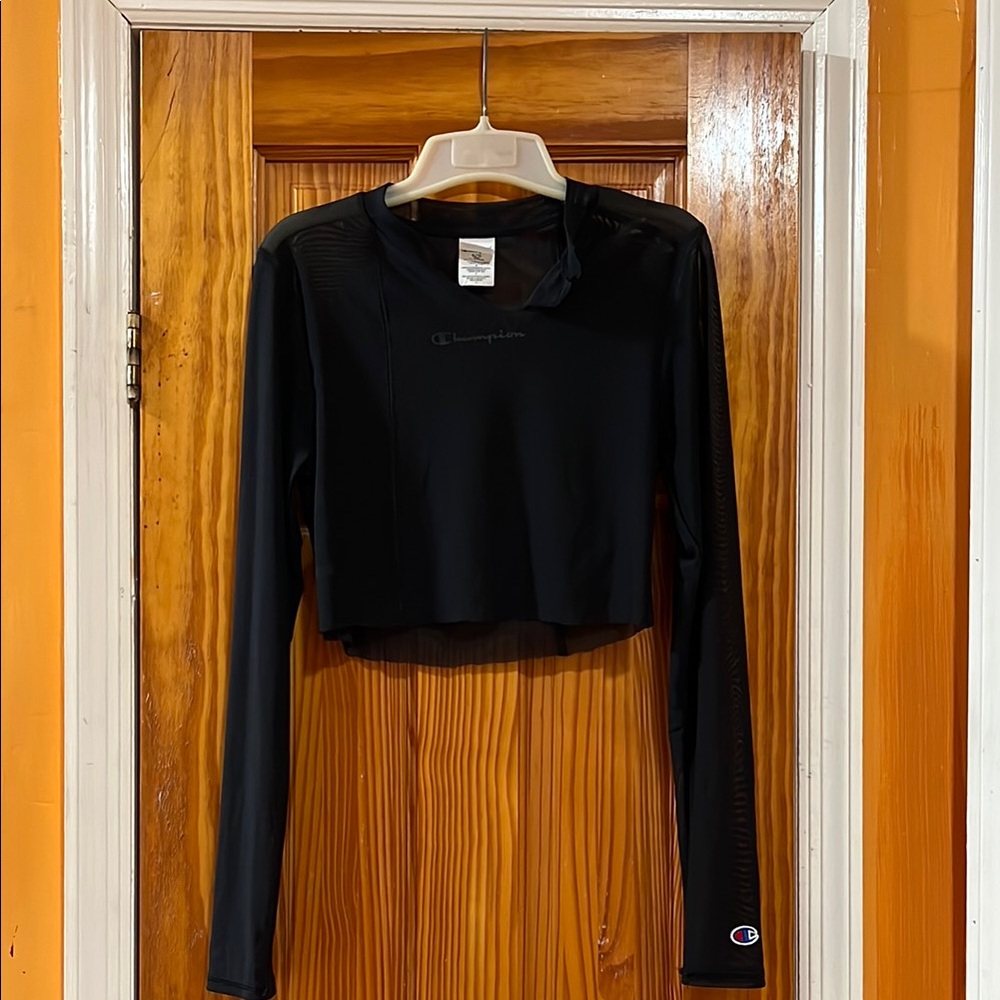 Champion Women's Black Long Sleeve Mesh See Through Cropped Knit Top Size S
